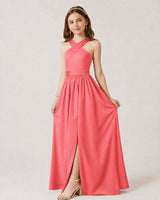 Coral Satin A-line Junior Bridesmaid Dress Front View
