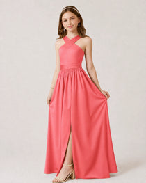 Dideyttawl Teal Junior Bridesmaid Dress Criss Cross Halter Neck Floor Length Dress