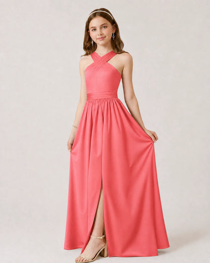 Dideyttawl Teal Junior Bridesmaid Dress Criss Cross Halter Neck Floor Length Dress