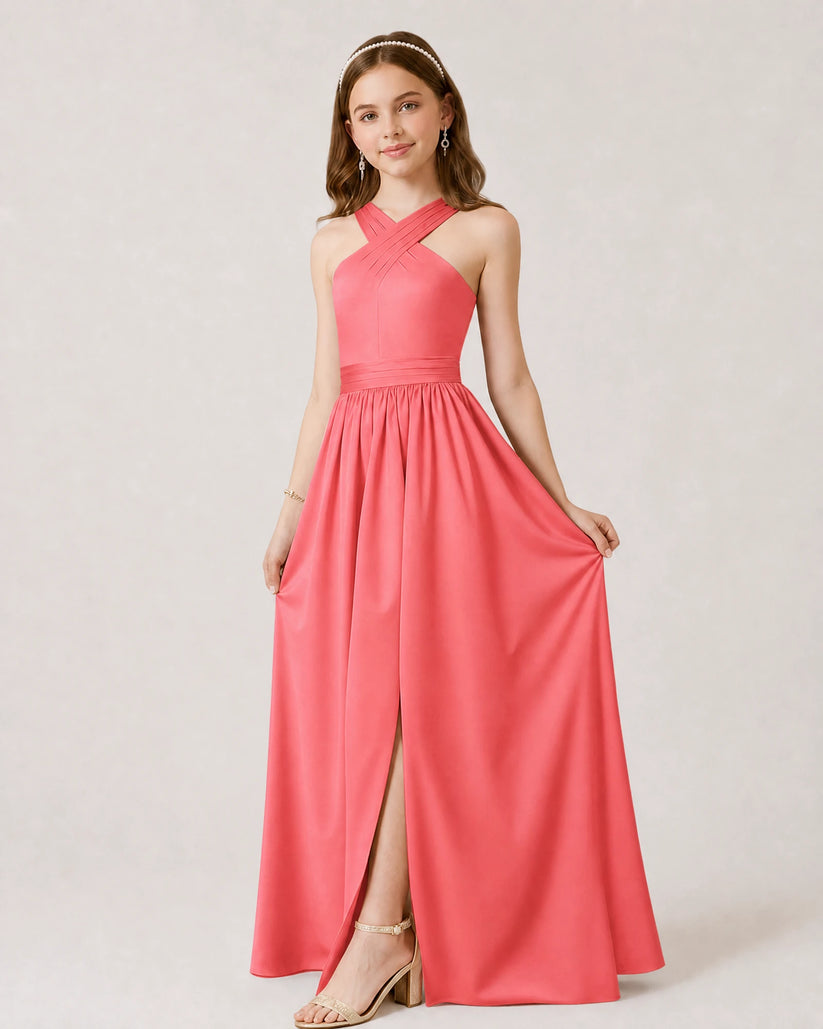 Coral Satin A-line Junior Bridesmaid Dress Front View