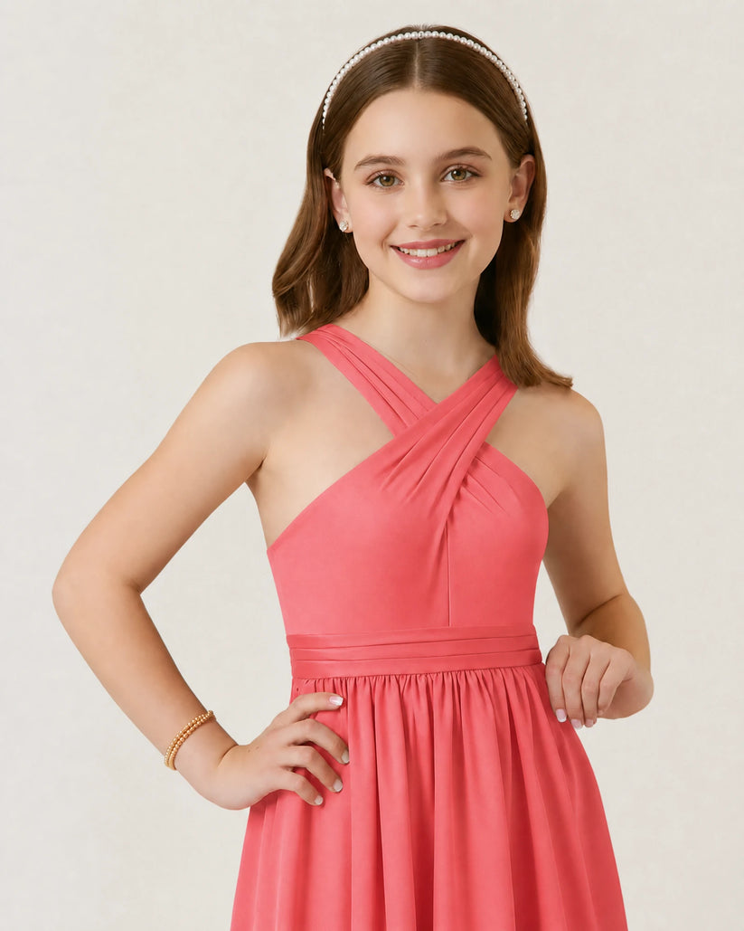 Coral Chiffon A-line Junior Bridesmaid Dress Front View