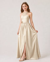 Champagne Satin A-line Junior Bridesmaid Dress Front View