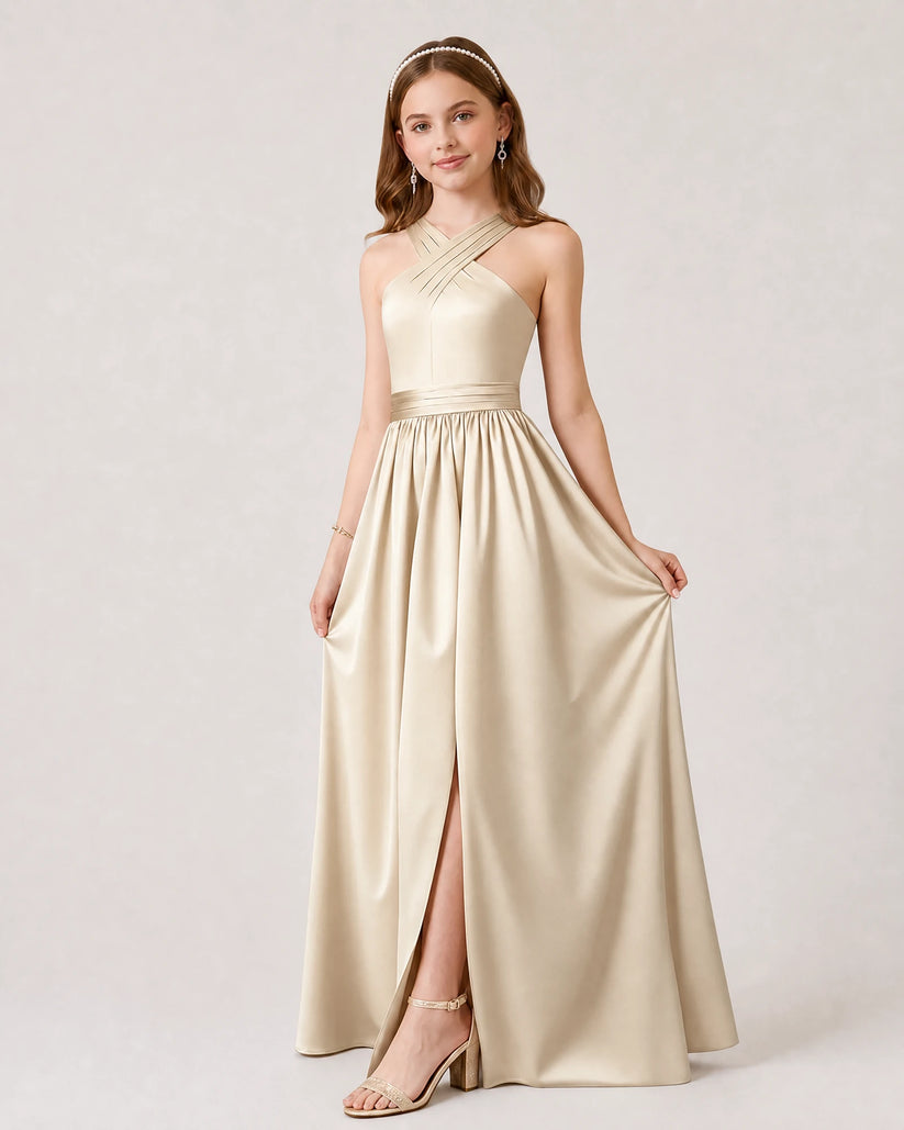 Champagne Satin A-line Junior Bridesmaid Dress Front View