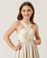 Champagne Satin A-line Junior Bridesmaid Dress Front View