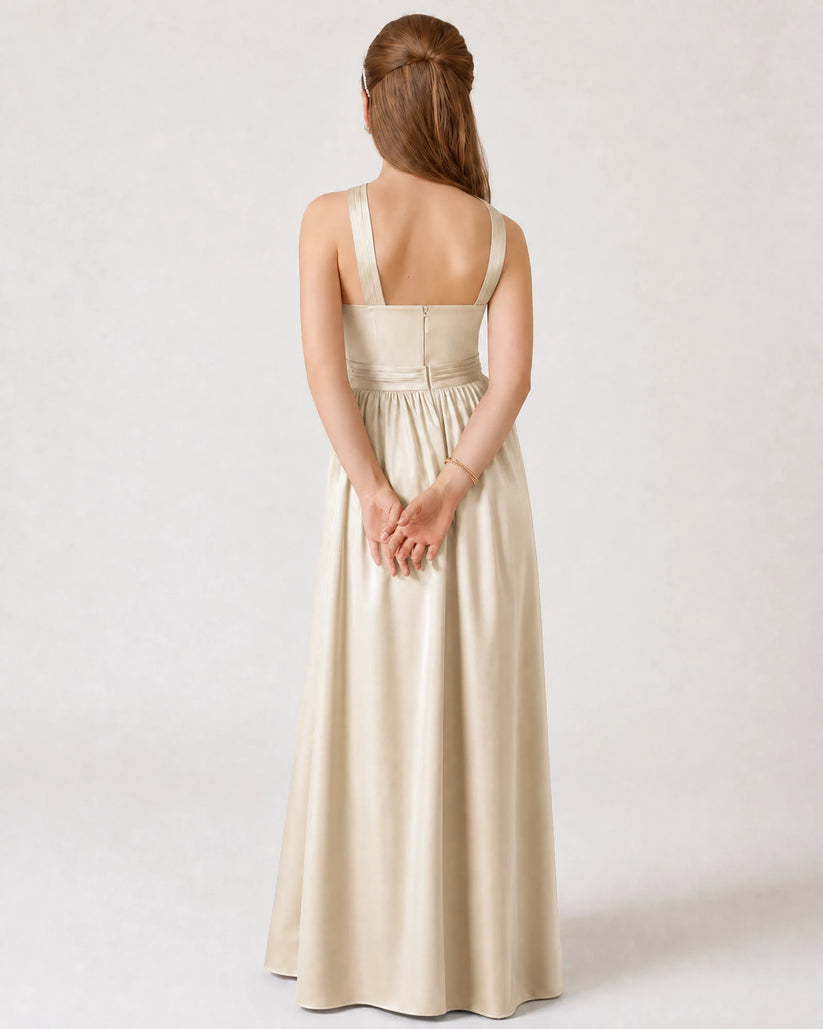Champagne Satin A-line Junior Bridesmaid Dress Back View