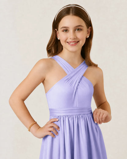 Dideyttawl Teal Junior Bridesmaid Dress Criss Cross Halter Neck Floor Length Dress