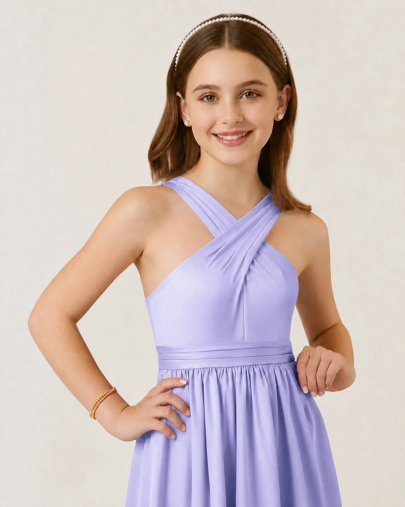 Lavender Satin A-line Junior Bridesmaid Dress Front View