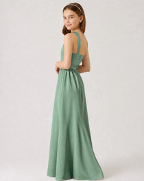 Dideyttawl Teal Junior Bridesmaid Dress Criss Cross Halter Neck Floor Length Dress
