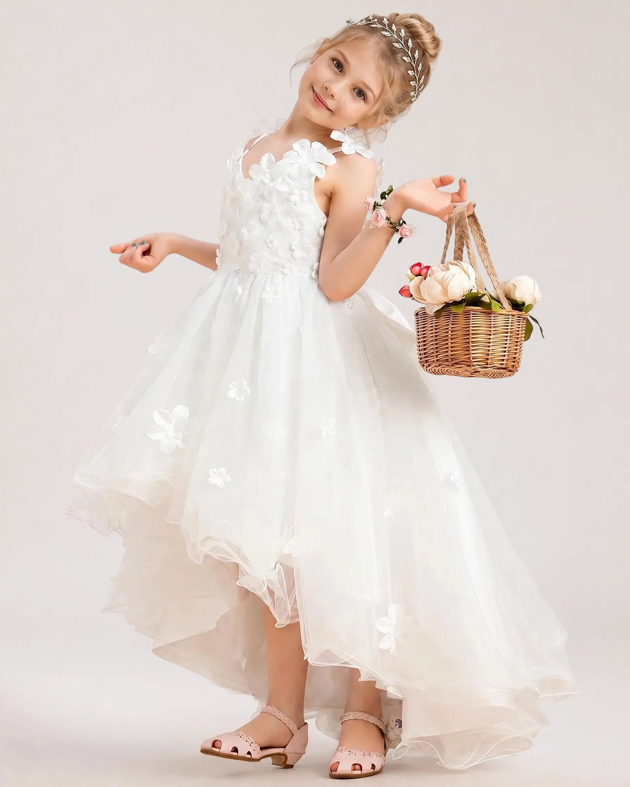 White Tulle A-line Flower Girl Dress Front View