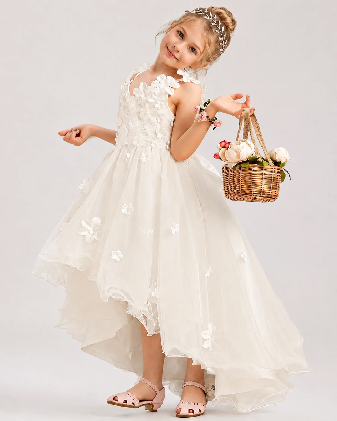 White Tulle A-line Flower Girl Dress Front View