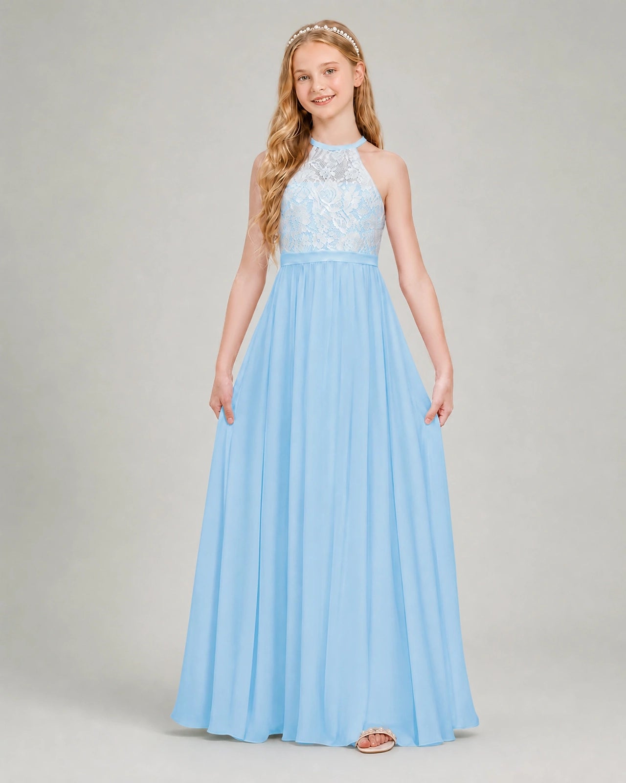 Baby Blue Halter LaceJunior Bridesmaid Dress Front View