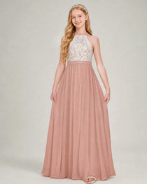 Dusty Rose Halter LaceJunior Bridesmaid Dress Front View
