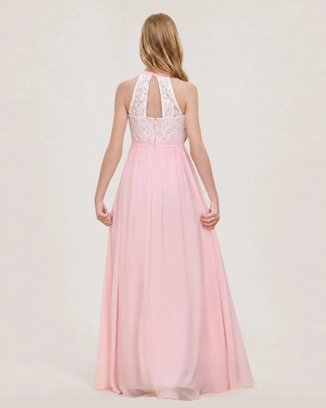 Pink Halter LaceJunior Bridesmaid Dress Back View