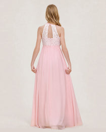 Pink Halter LaceJunior Bridesmaid Dress Back View