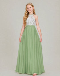 Sage Green Halter LaceJunior Bridesmaid Dress Front View