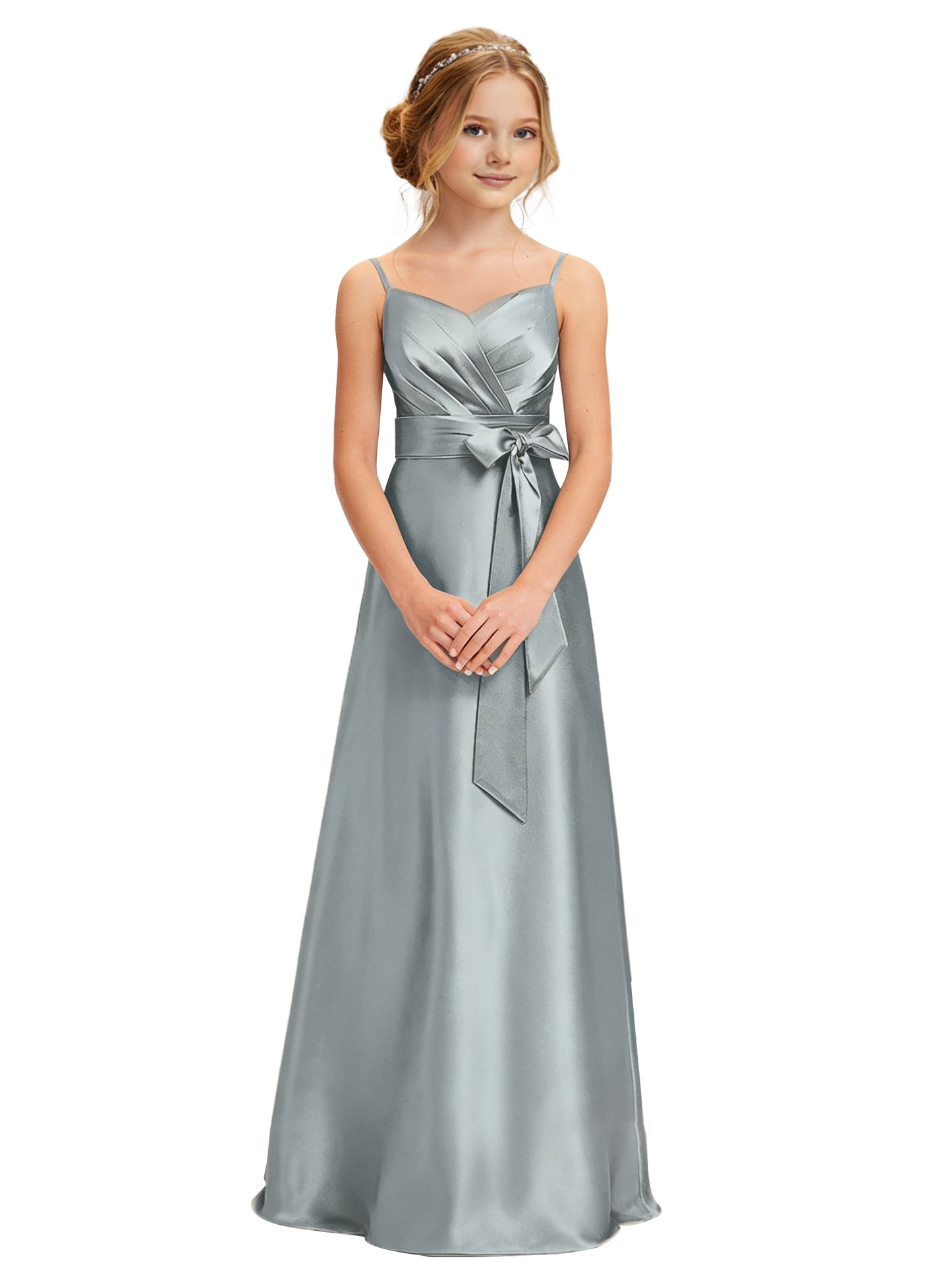 dideyttawl 2026 Girls Pleated Satin Prom Dress Bow Belt Ball Gown Maxi Spaghetti Straps Junior Bridesmaid Dress 2547