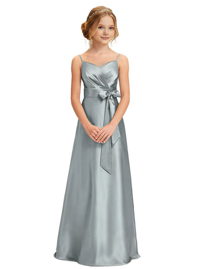 dideyttawl 2026 Girls Pleated Satin Prom Dress Bow Belt Ball Gown Maxi Spaghetti Straps Junior Bridesmaid Dress 2547