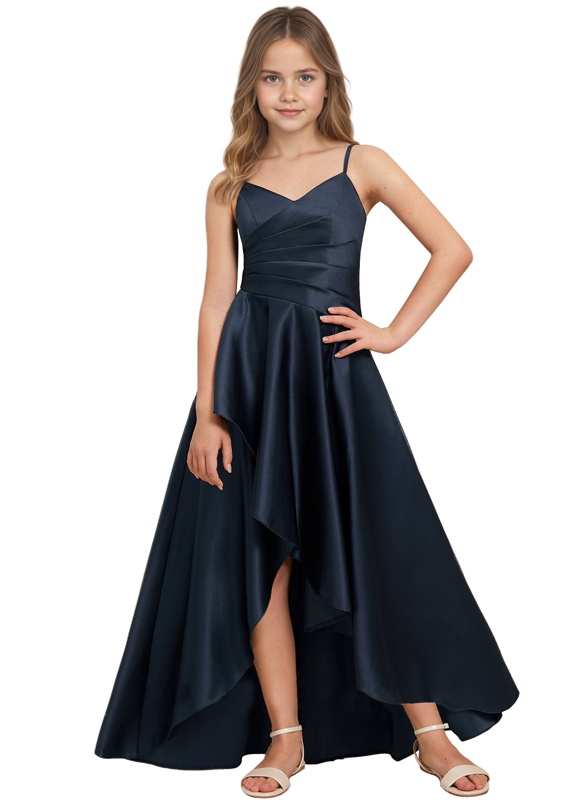 dideyttawl High Low Junior Bridesmaid Dress V-Neck Silk Satin Flower Girl Dress Sleeveless Formal Special Occasion Dress for Wedding 2523