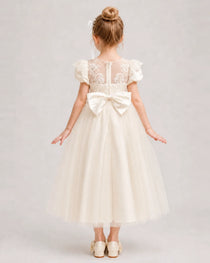 Champagne Flower Girl Dress Lace Bodice Satin Bow Tulle Midi Dress Back View