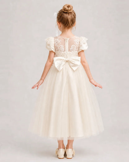 Champagne Flower Girl Dress Lace Bodice Satin Bow Tulle Midi Dress Back View