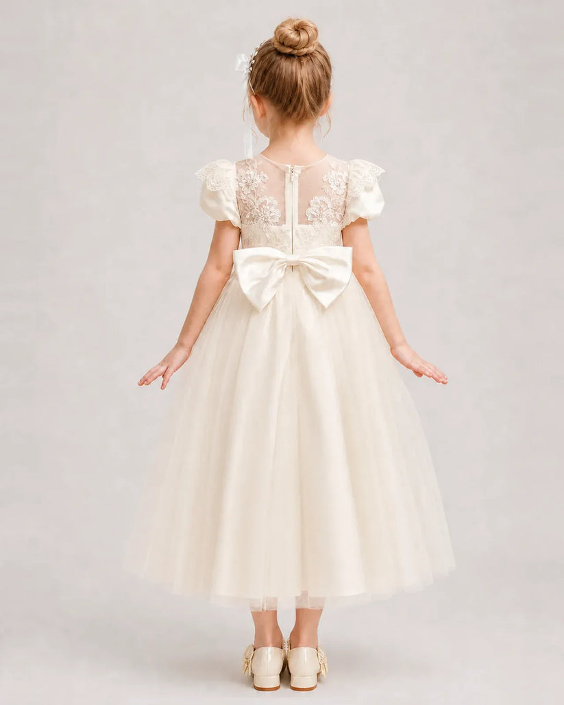 Champagne Tulle A-line Flower Girl Dress Back View