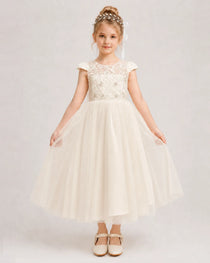 Champagne Flower Girl Dress Lace Bodice Satin Bow Tulle Midi Dress Front View