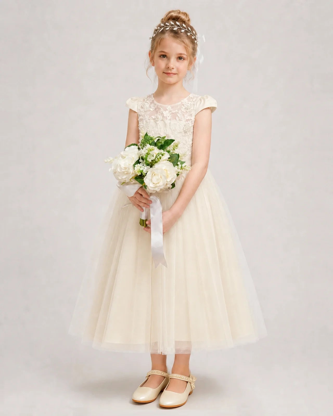 Champagne Flower Girl Dress Lace Bodice Satin Bow Tulle Midi Dress Front View