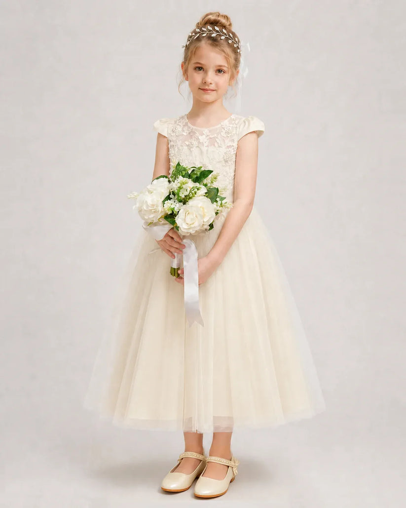 Champagne Tulle A-line Flower Girl Dress Front View