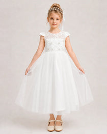 White Flower Girl Dress Lace Bodice Satin Bow Tulle Midi Dress Front View