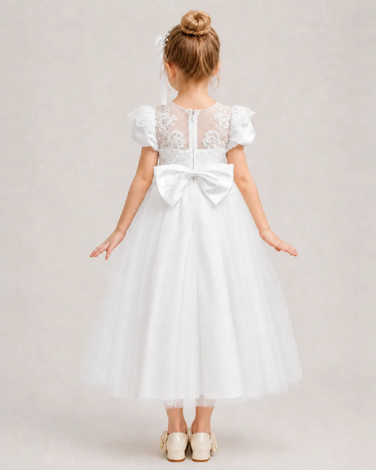 White Tulle A-line Flower Girl Dress Back View