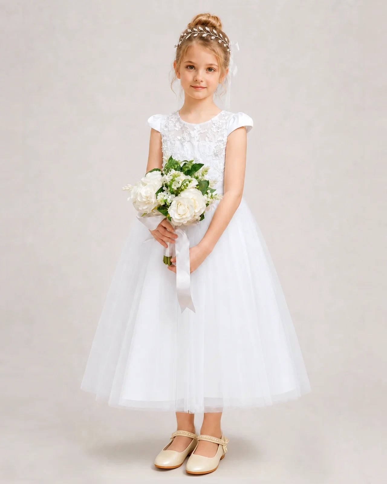 Dideyttawl White Flower Girl Dress Lace Bodice Satin Bow Tulle Midi Dress Zweitbild