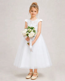 White Flower Girl Dress Lace Bodice Satin Bow Tulle Midi Dress Front View