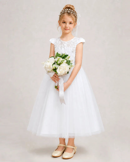 White Flower Girl Dress Lace Bodice Satin Bow Tulle Midi Dress Front View