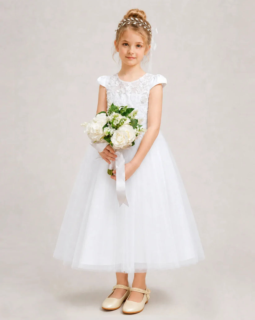 White Tulle A-line Flower Girl Dress Front View