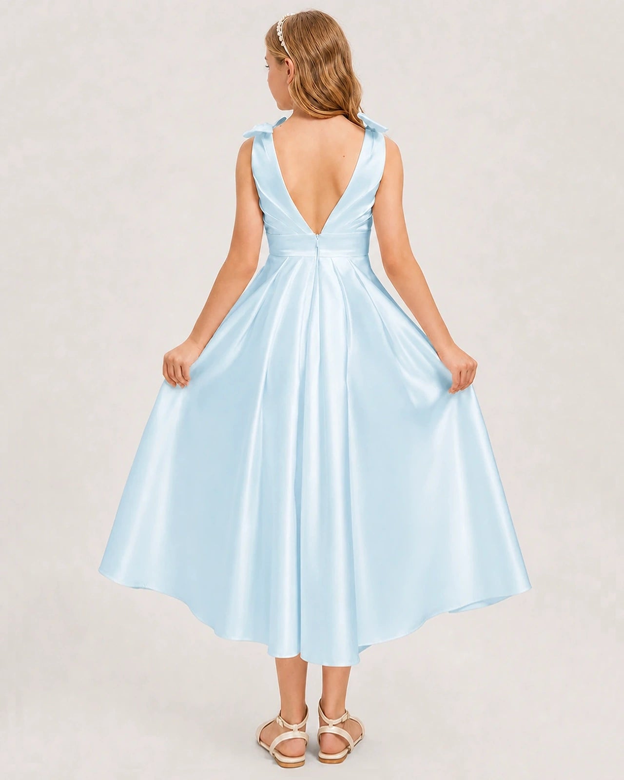 Baby Blue Junior Bridesmaid Dress  Sleeveless V-Back Satin Midi Dress Back View