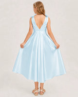 Baby Blue Satin A-line Junior Bridesmaid Dress Back View