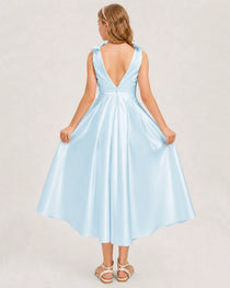 Baby Blue Junior Bridesmaid Dress  Sleeveless V-Back Satin Midi Dress Back View