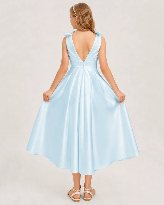 Baby Blue Satin A-line Junior Bridesmaid Dress Back View