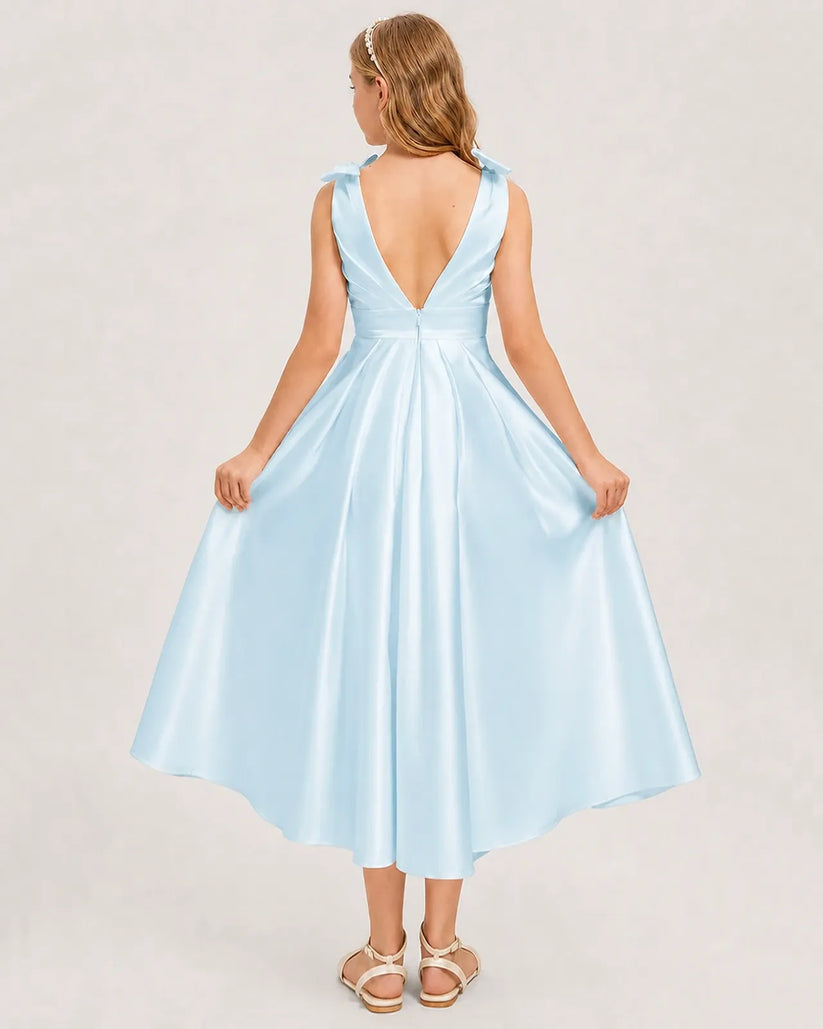 Baby Blue Satin A-line Junior Bridesmaid Dress Back View