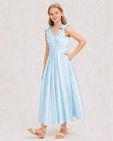 Baby Blue Satin A-line Junior Bridesmaid Dress Front View