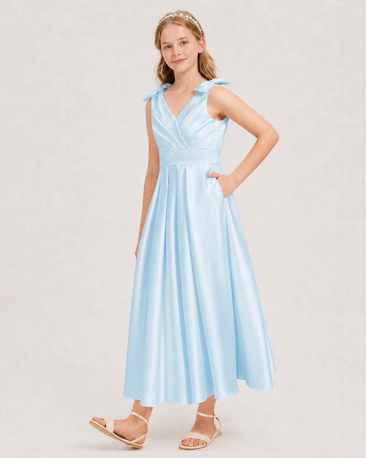 Baby Blue Junior Bridesmaid Dress  Sleeveless V-Back Satin Midi Dress Front View