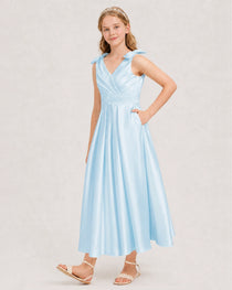 Baby Blue Junior Bridesmaid Dress  Sleeveless V-Back Satin Midi Dress Front View