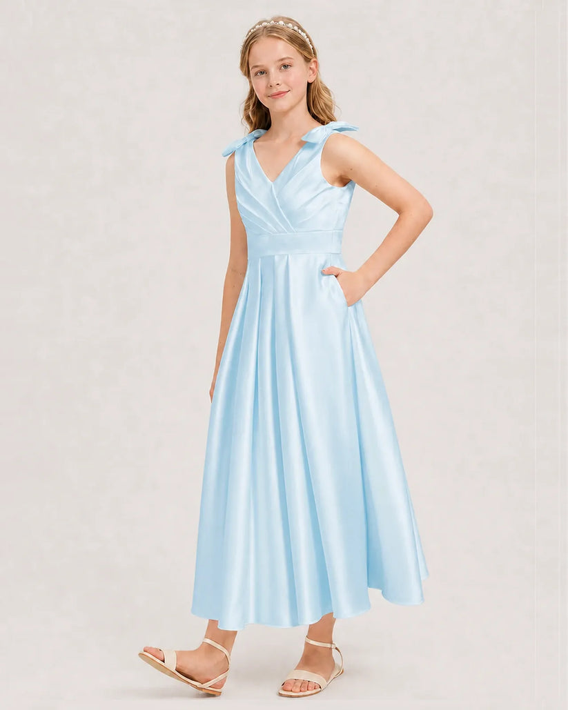 Baby Blue Satin A-line Junior Bridesmaid Dress Front View