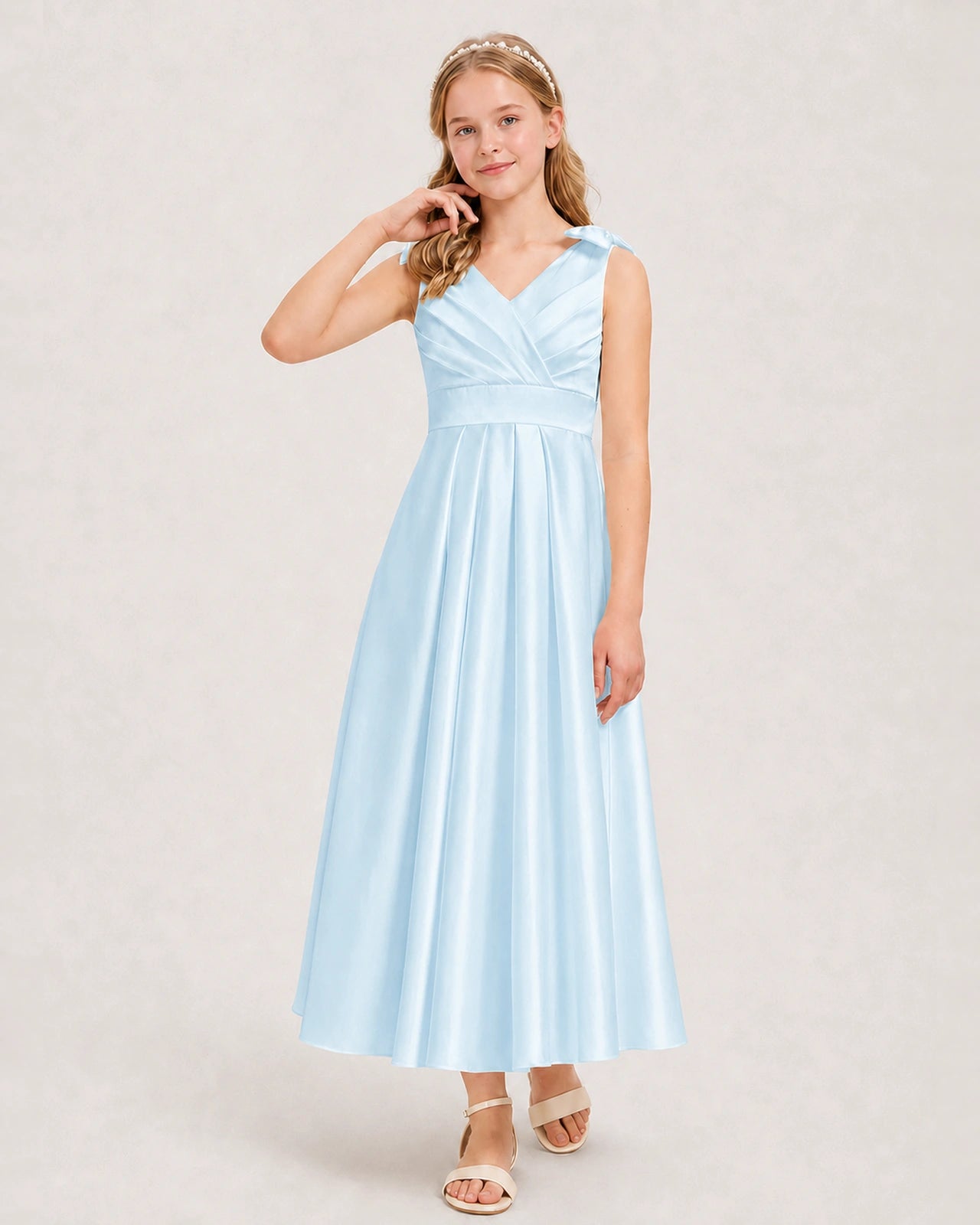 Baby Blue Junior Bridesmaid Dress  Sleeveless V-Back Satin Midi Dress Front View