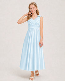 Baby Blue Junior Bridesmaid Dress  Sleeveless V-Back Satin Midi Dress Front View
