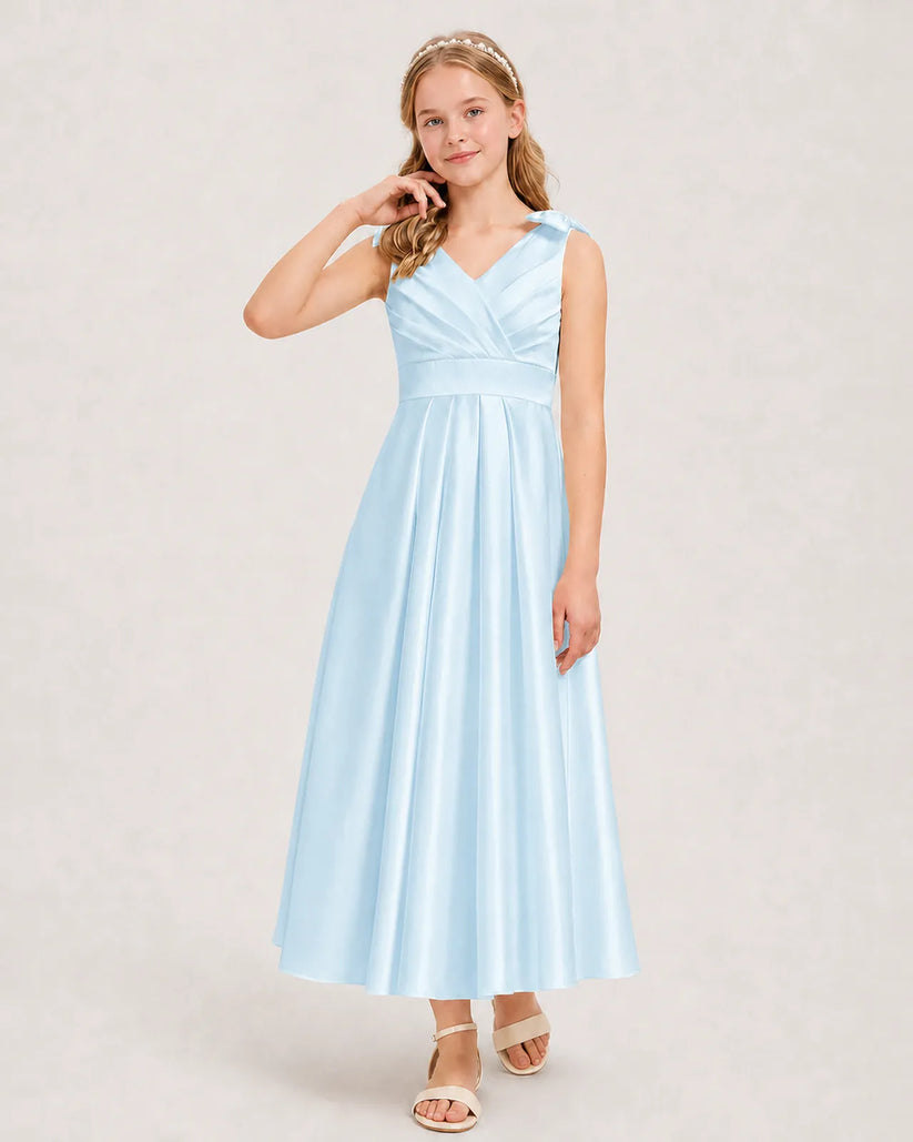 Baby Blue Satin A-line Junior Bridesmaid Dress Front View