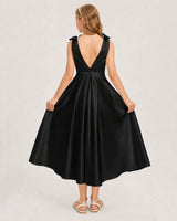 Black Satin A-line Junior Bridesmaid Dress Back View