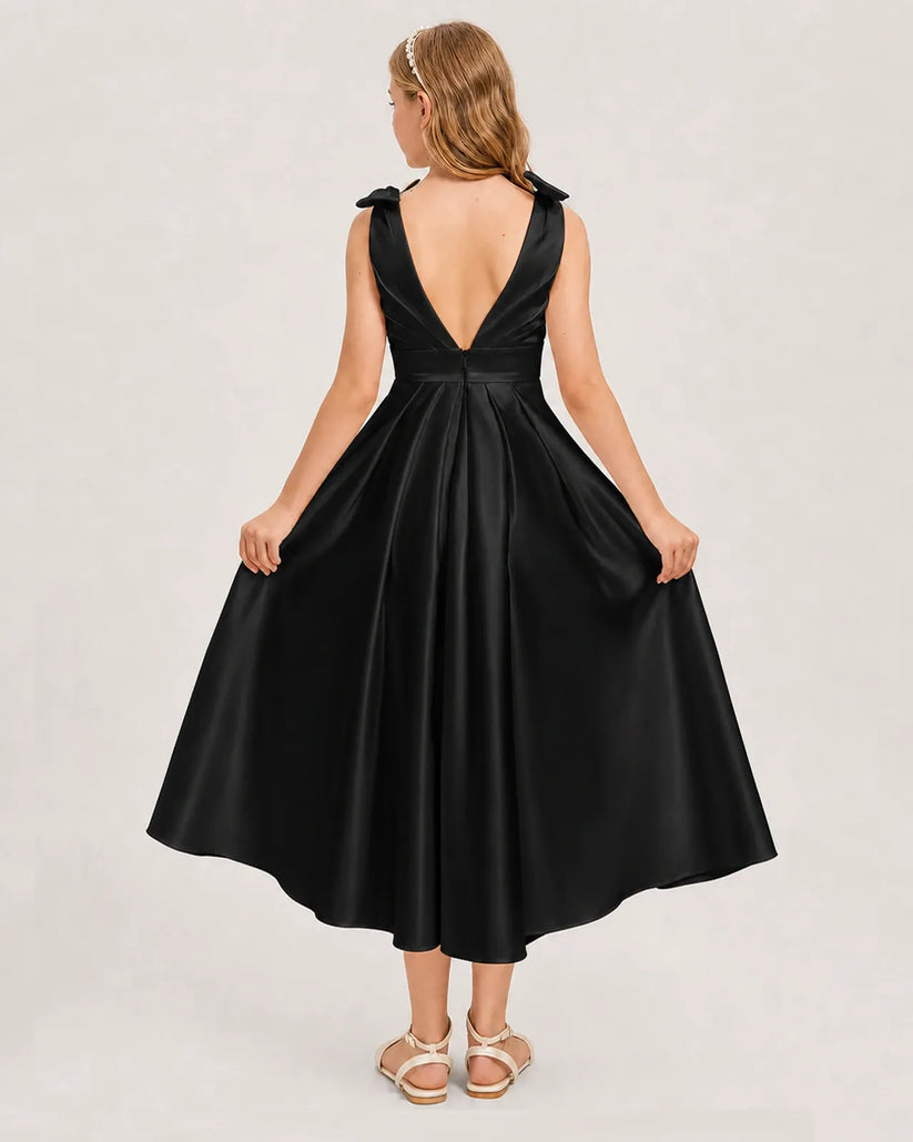 Black Satin A-line Junior Bridesmaid Dress Back View