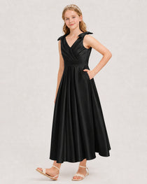 Black Junior Bridesmaid Dress  Sleeveless V-Back Satin Midi Dress Front View
