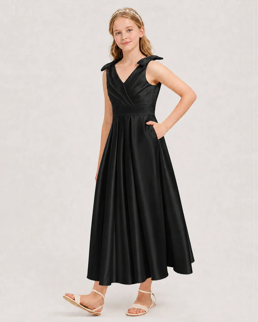 Black Satin A-line Junior Bridesmaid Dress Front View